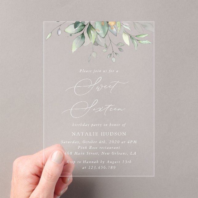 Invitations En Acrylique Verdure, Eucalyptus Feuilles, Boho, Sweet 16 (In situ (ordinateur de poche))