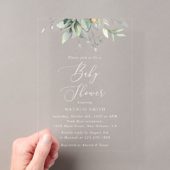 Invitations En Acrylique Verdure, feuilles d'eucalyptus, Boho, Baby Shower (In situ (ordinateur de poche))