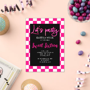 Invitations En Acrylique Vérificateur rose chaud blanc noir Faisons la fête