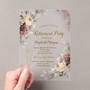 Invitations En Acrylique Verre à vin en confettis dorés Roses Blush Retrait