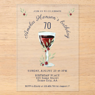 Invitations En Acrylique Verre à vin rouge rustique 70 ans Anniversaire