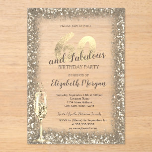Invitations En Acrylique Verre de Champagne de luxe Gold Confetti Frame 60e