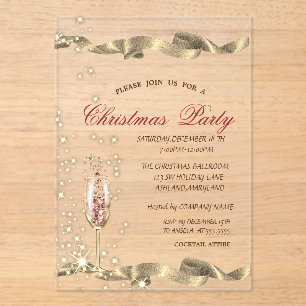 Invitations En Acrylique Verre de champagne doré pour la fête de Noël de l'