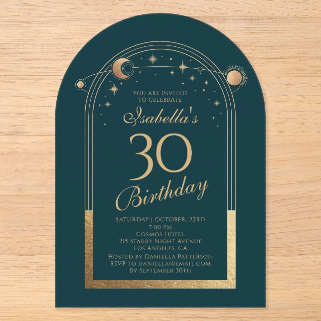 Invitations En Acrylique Vert Céleste Or Soleil Lune 30e Anniversaire (Recto)