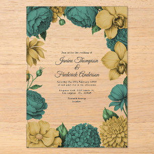 Invitations En Acrylique Vert émeraude et or mariage botanique moderne