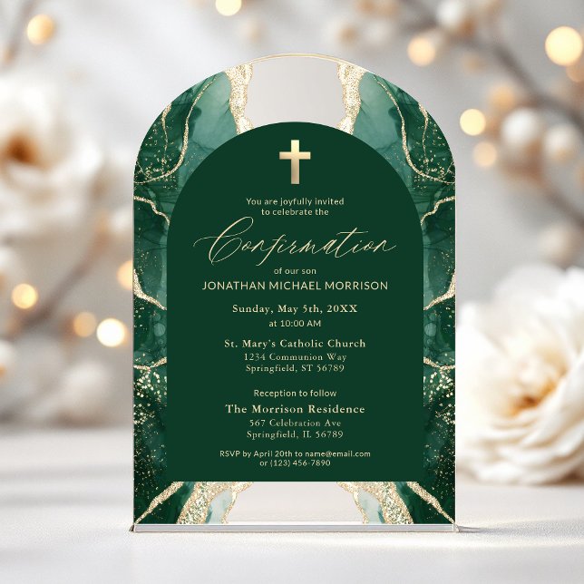 Invitations En Acrylique Vert émeraude Or Agate Confirmation Élégante (Créateur téléchargé)