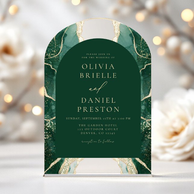 Invitations En Acrylique Vert émeraude Or Agate Mariage Élégant (Créateur téléchargé)