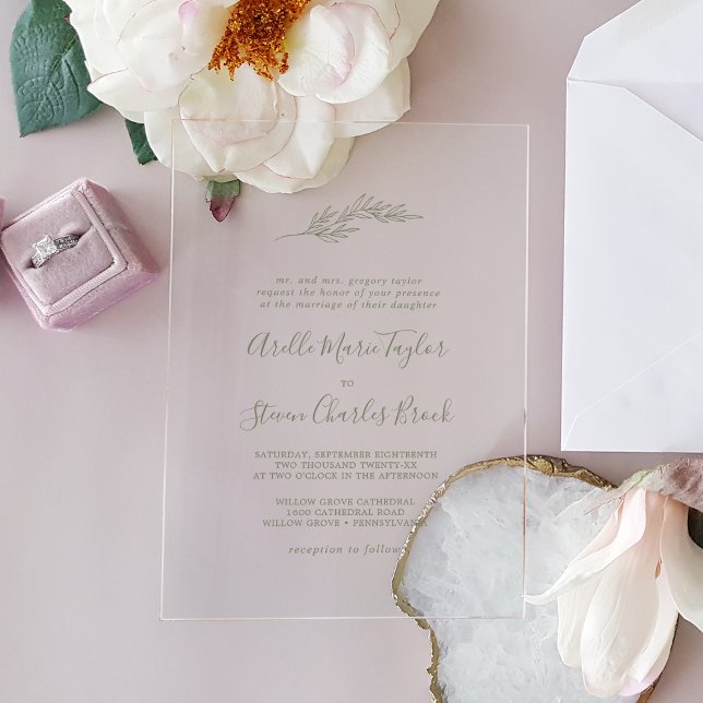 Invitations En Acrylique Vert feuille minimal Forme Simple Mariage vert (Minimal Leaf Green Formal Simple Greenery Wedding Acrylic Invitations)