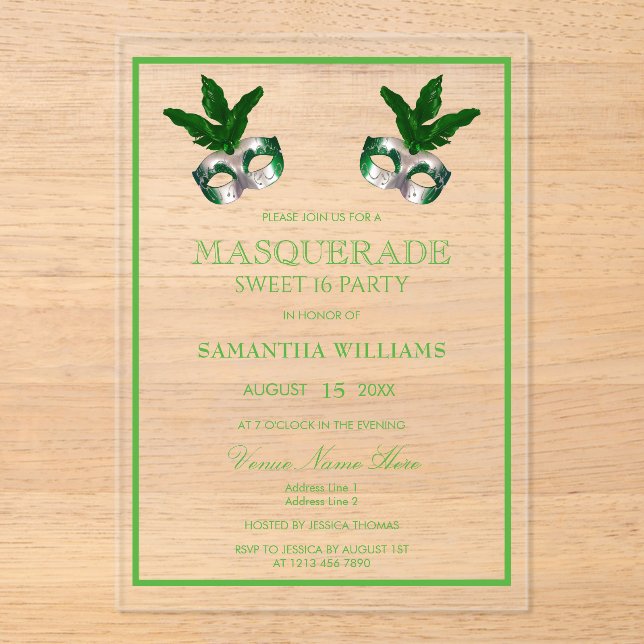 Invitations En Acrylique Vert Masquerade Sweet 16 (Recto)
