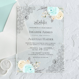 Invitations En Acrylique Vert Menthe Floral Rustique Broderie Musulmane Mar