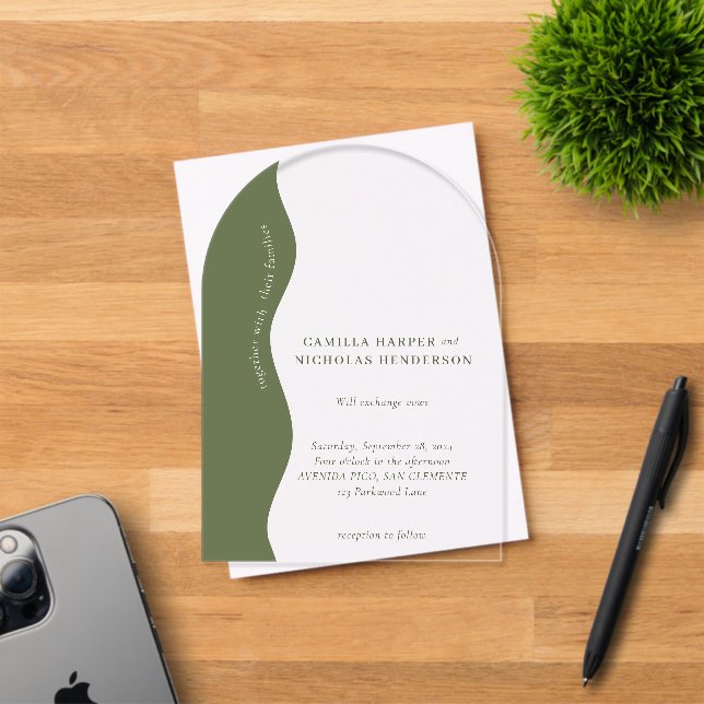Invitations En Acrylique Vert olive foncé moderne mariage rétro ondulé (Insitu (Carte d'invitation))