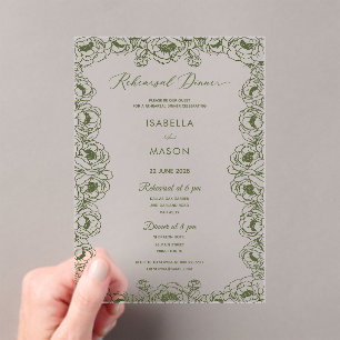 Invitations En Acrylique vert olive simple clair élégant classique répétiti