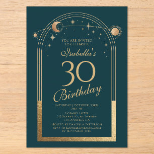 Invitations En Acrylique Vert Or Soleil Lune Étoiles 30e Anniversaire