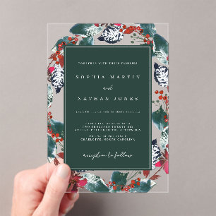 Invitations En Acrylique Vert rouge Noël Floral Wreath Clair Mariage