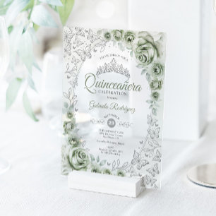 Invitations En Acrylique Vert sauge argent floral Quinceanera