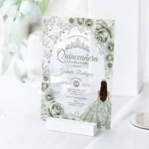 Invitations En Acrylique Vert sauge argent Quinceanera florale