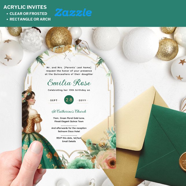 Invitations En Acrylique Verte or Quinceañera Emerald Robe Mis Quince (Créateur téléchargé)
