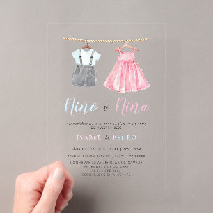 Invitations En Acrylique Vêtements de bébé à l'aquarelle révélation du sexe