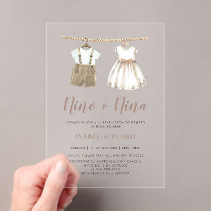 Invitations En Acrylique Vêtements de bébé neutres en espagnol Révélation d