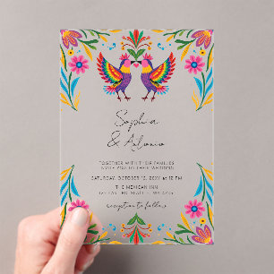 Invitations En Acrylique Vibrant Oiseaux mexicains Otomi Floral Fiesta Mari
