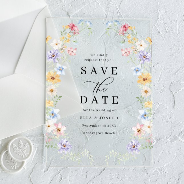 Invitations En Acrylique Vibrant Pastel Wildflowers Wedding Save The Date (Créateur téléchargé)