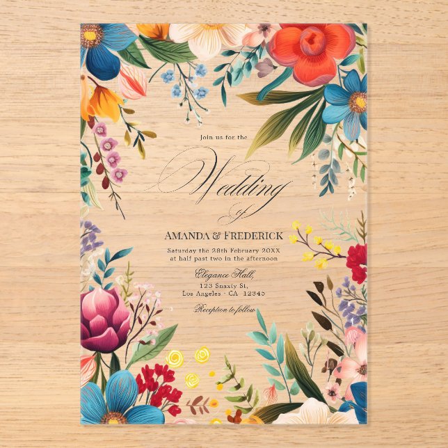 Invitations En Acrylique Vibrant Transparent Fleurs de Fiesta Mexicaine Mar (Recto)