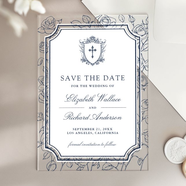 Invitations En Acrylique Victorian Navy Blue Catholic Wedding Save the Date (Créateur téléchargé)