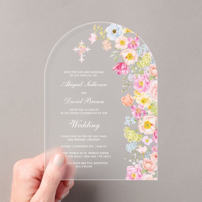 Invitations En Acrylique Vifs Fleurs Pastel Archée Mariage (In situ (ordinateur de poche))
