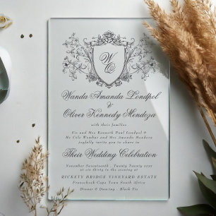 Invitations En Acrylique Vinatage Floral Crest Cream Mariage de charbon