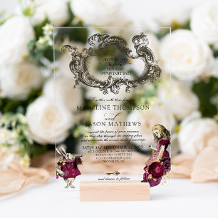 Invitations En Acrylique Vintage Burgundy Gold Alice en Wonderland Mariage