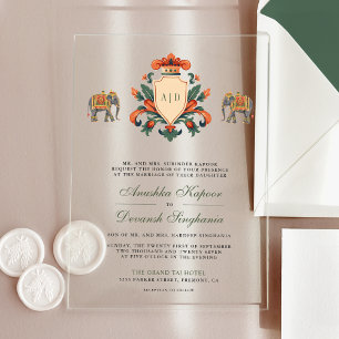 Invitations En Acrylique Vintage Crest Royal Elephant Indien Hindu Mariage