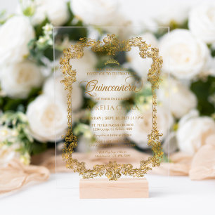 Invitations En Acrylique Vintage Elégant ivoire Blanc Or Tiara Quinceanera