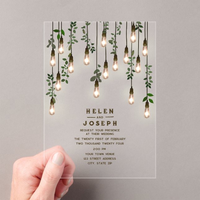 Invitations En Acrylique Vintage Lightbulbs Botanical Greenery Wedding (In situ (ordinateur de poche))