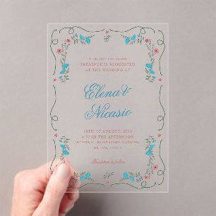 Invitations En Acrylique Vintage Nouveau Botanique Cadre rose Bleu Mariage