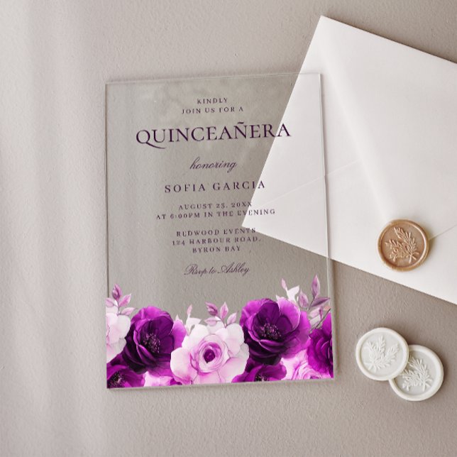Invitations En Acrylique Violet violet violet Roses Floral Quinceanera (Créateur téléchargé)