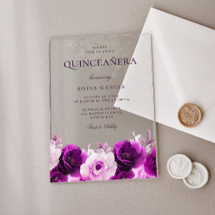 Invitations En Acrylique Violettes de lilas pourpres Roses Floral Quinceane