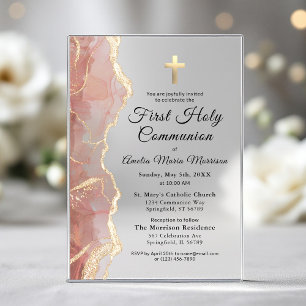Invitations En Acrylique Vive Rose Or Agate Première Sainte Communion Fille