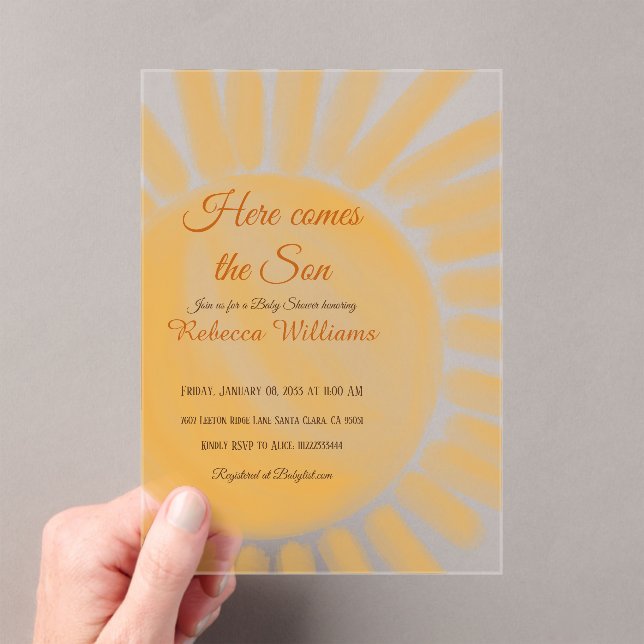 Invitations En Acrylique Voici le Baby shower Jaune Rayon Soleil Fils (In situ (ordinateur de poche))