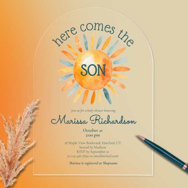Invitations En Acrylique Voici le Fils Baby Boy Shower (Here comes the son baby boy shower clear acrylic invitation, boho retro watercolor sun, cute)