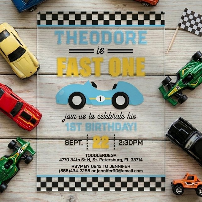 Invitations En Acrylique Voiture de course Fast One 1er anniversaire (Créateur téléchargé)