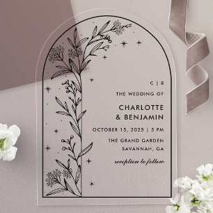 Invitations En Acrylique Voûte céleste étoilée noire Botanique Mariage