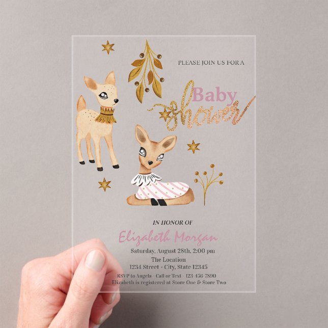 Invitations En Acrylique Watercolor Baby Deer Pink Baby Shower (In situ (ordinateur de poche))