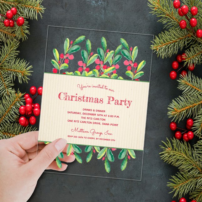 Invitations En Acrylique Watercolor Berries and Branches Christmas (Watercolor berries and branches ACRYLIC Christmas party invitations)
