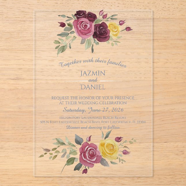 Invitations En Acrylique Watercolor Burgundy Yellow Roses Blue  (Recto)
