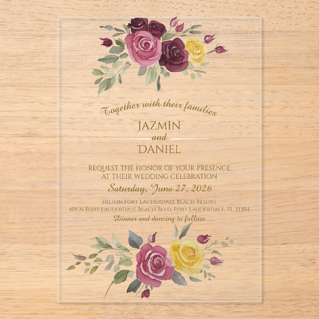 Invitations En Acrylique Watercolor Burgundy Yellow Roses Gold (Recto)