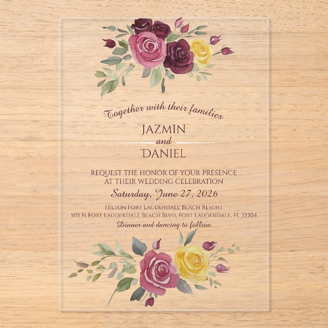 Invitations En Acrylique Watercolor Burgundy Yellow Roses Red (Recto)