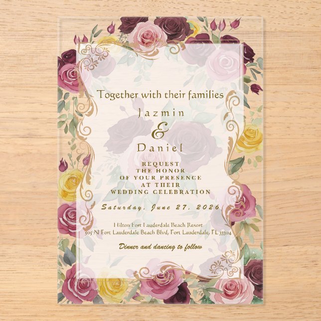 Invitations En Acrylique Watercolor Dusty Burgundy Yellow Roses/Clear (Recto)
