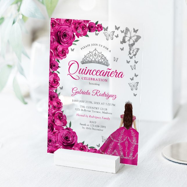 Invitations En Acrylique Watercolor Fuchsia Pink Roses Silver Quinceanera (Créateur téléchargé)