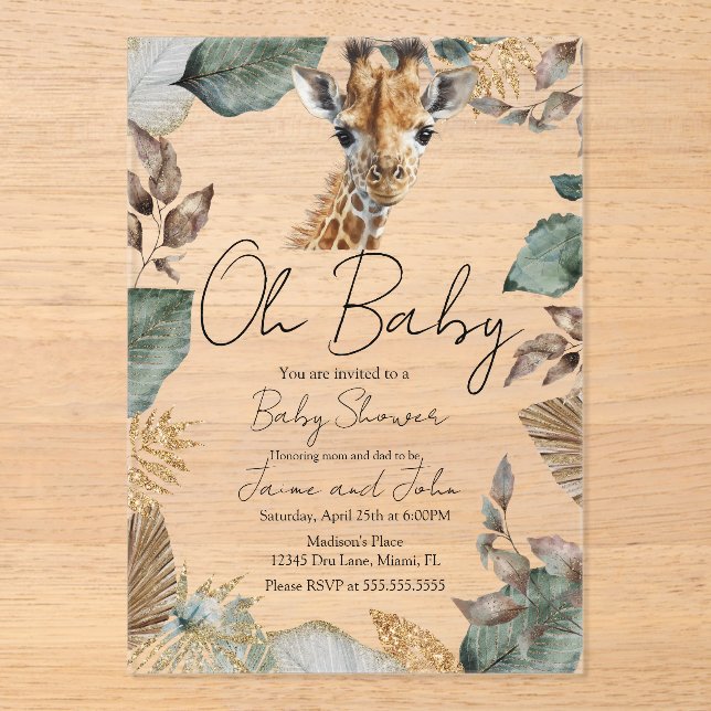 Invitations En Acrylique Watercolor Giraffe Wild Baby Shower (Recto)