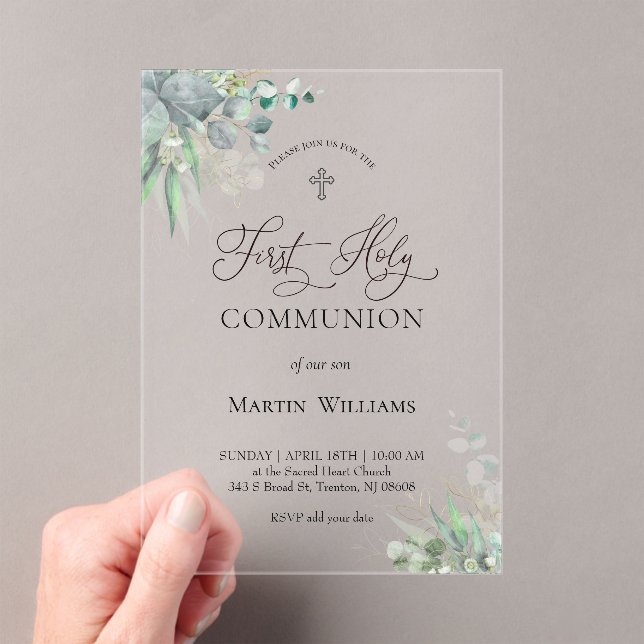 Invitations En Acrylique watercolor greenery foliage | First Communion  (In situ (ordinateur de poche))